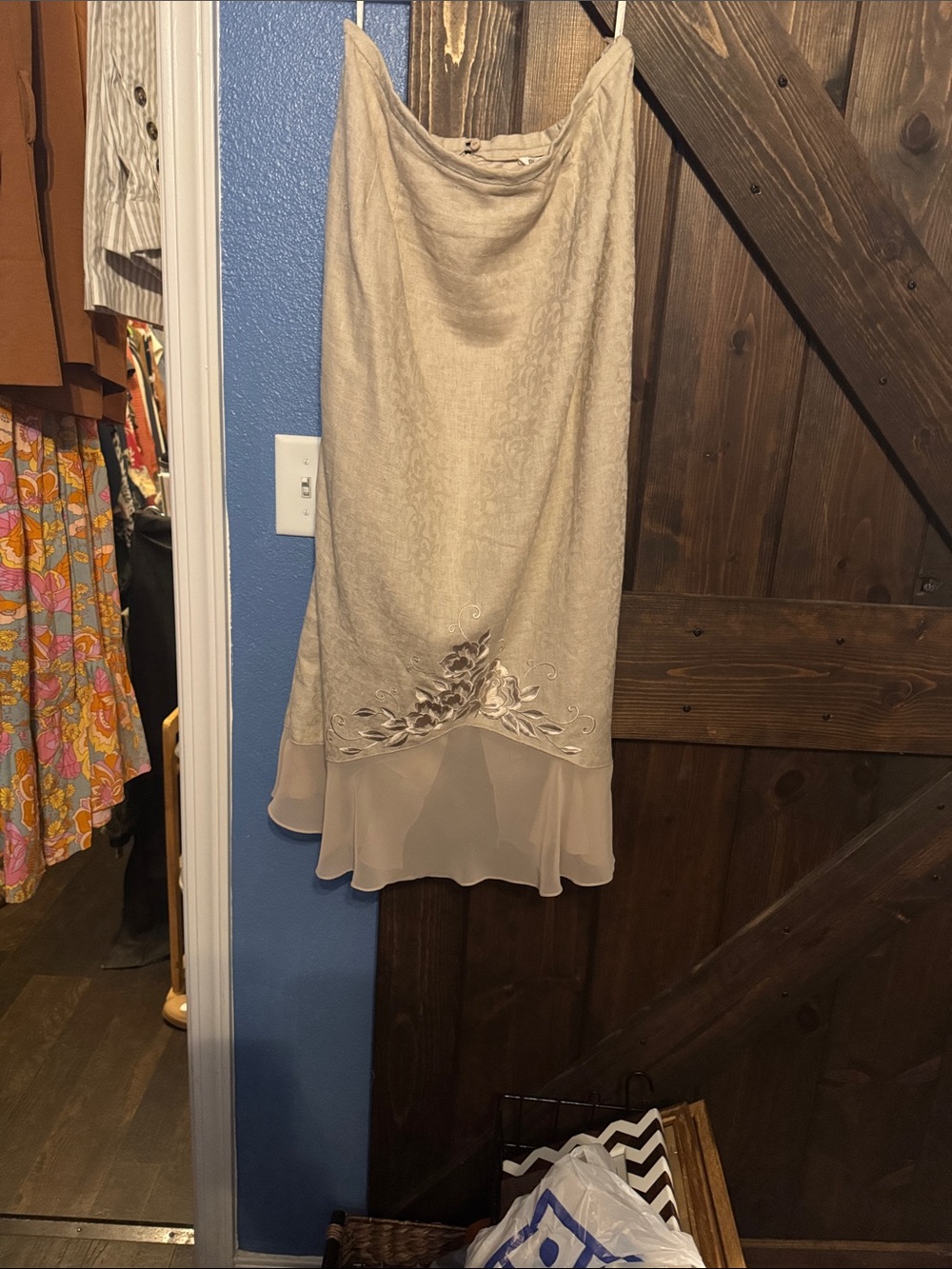 Cream Embroidered Chiffon-Hem Midi Skirt